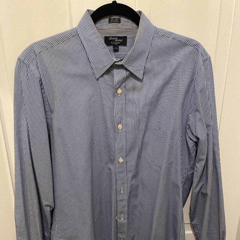 J. Crew Thompson Shirtings 80s 2-Ply size S 15-15 1/2 Plaid White and Blue